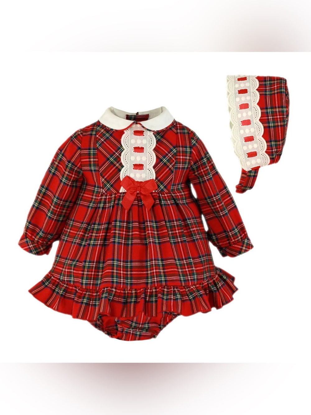 Red Checkered Holiday Baby Dress with Matching Bonnet - Classic Festive Style